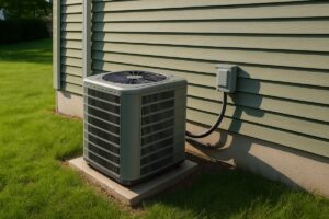 A residential outdoor air conditioner condenser unit beside a suburban Ontario home, green lawn and siding