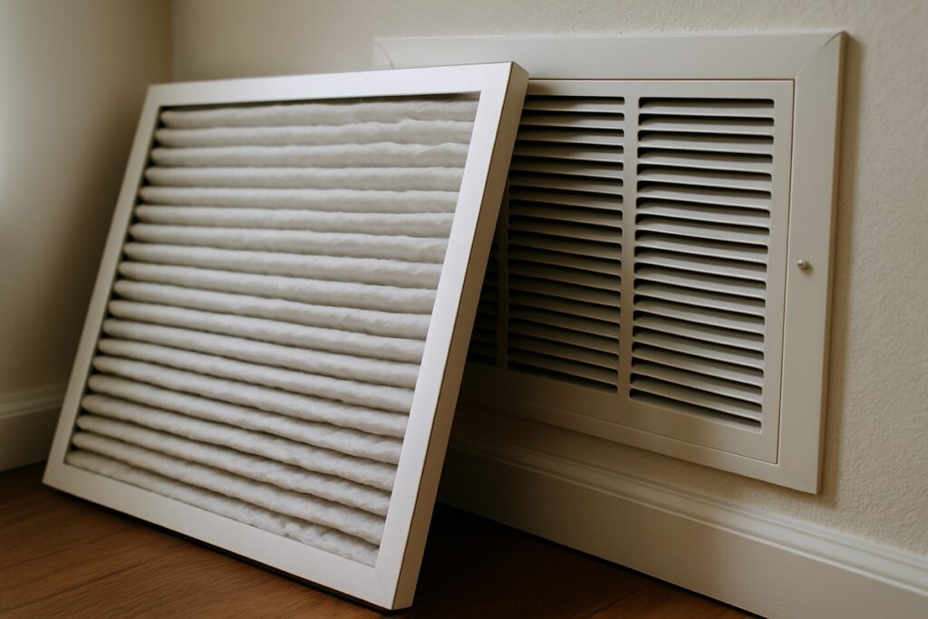 Close-up of a clean pleated HVAC air filter resting against a return-air vent inside a home