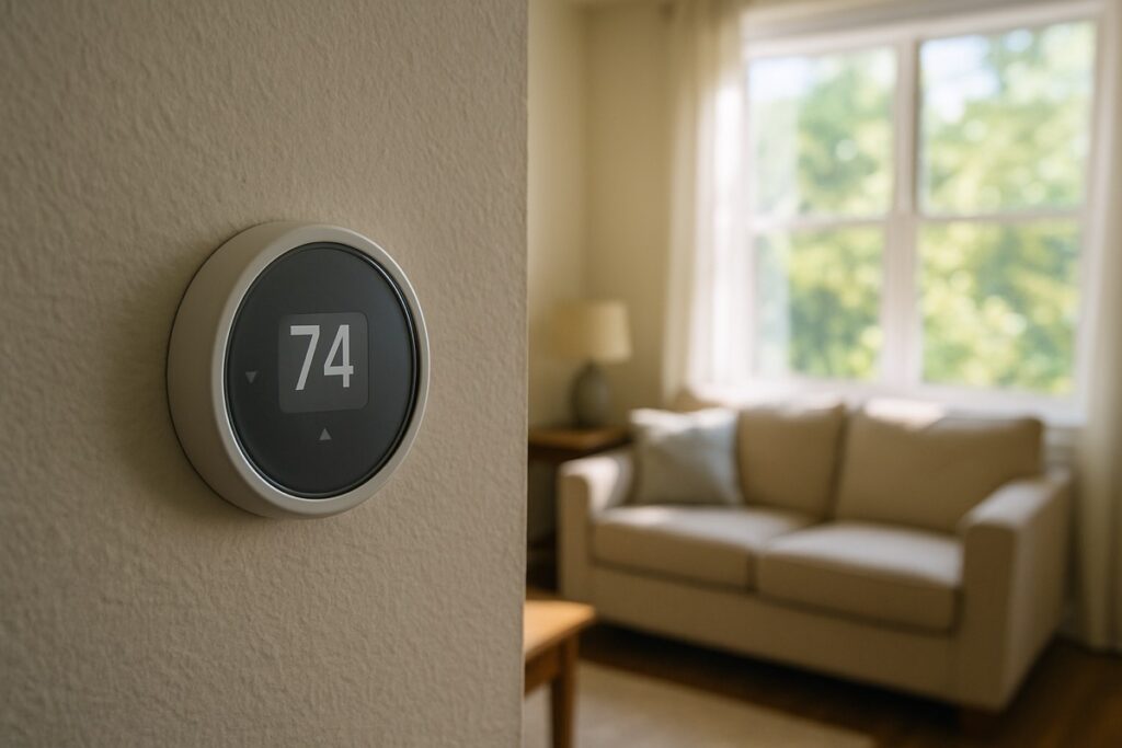 A wall thermostat in a bright living room with summer light through a window