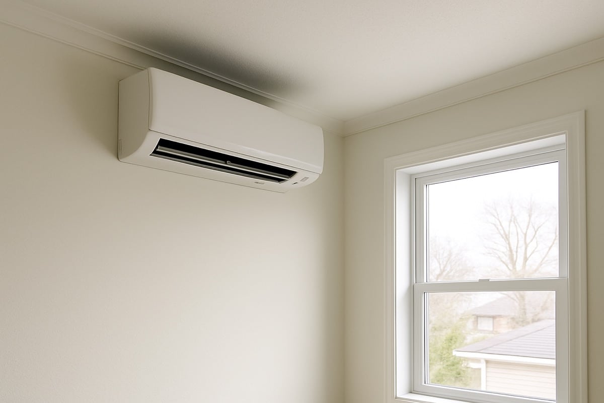 A wall-mounted ductless mini-split indoor air handler high on a clean interior wall of a bright Ontario home