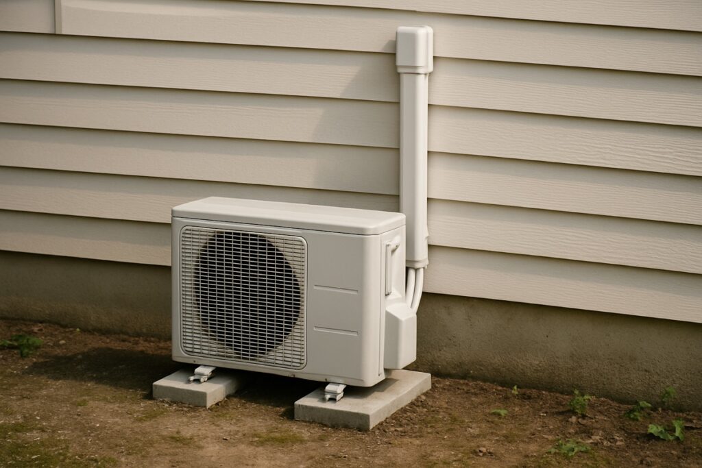 A small outdoor ductless mini-split condenser mounted beside a home's exterior wall, tidy line-set cover