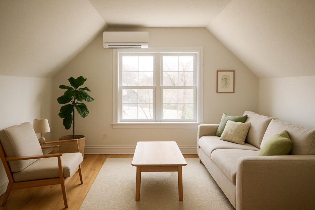 A converted bonus room or finished attic space in an Ontario home with a wall-mounted mini-split head, bright and comfortable