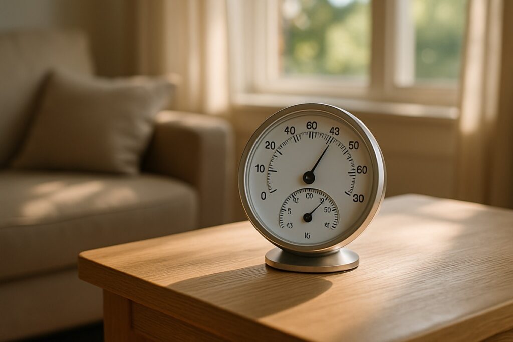 A hygrometer or humidity gauge on a side table in a sunlit room