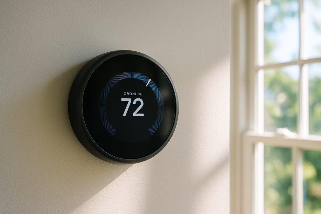 A modern smart thermostat mounted on a light interior wall showing a cooling temperature, bright summer daylight