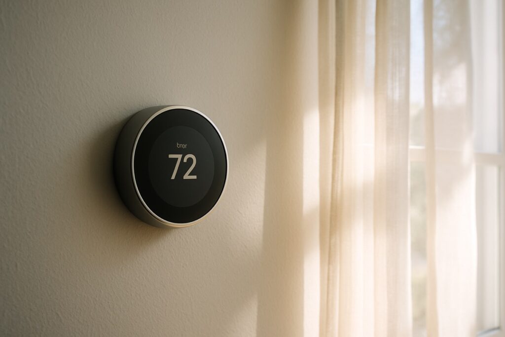 A hand-free view of a smart thermostat on a wall beside a sunny window with sheer curtains
