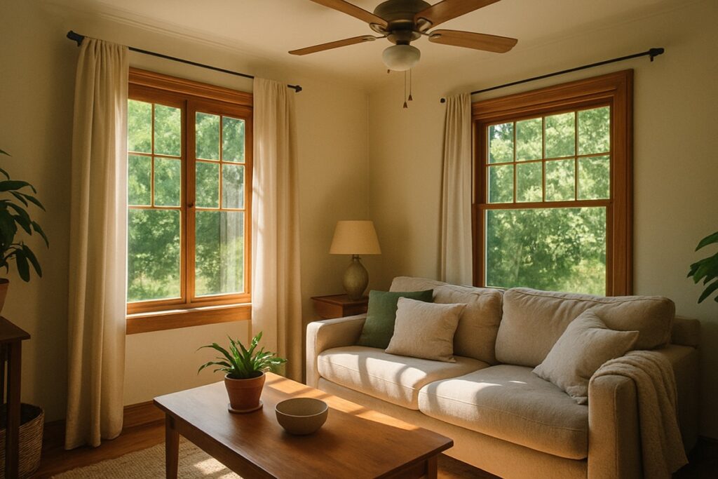 A comfortable living room in summer with sunlight, a ceiling fan, and a sofa
