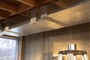 Basement ductwork joints sealed with gray mastic duct sealant