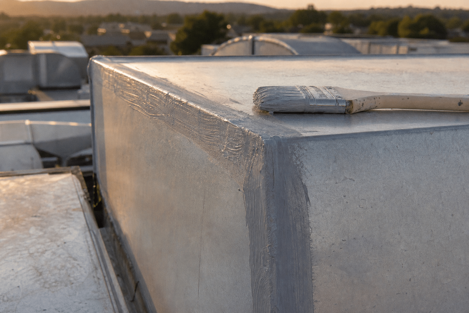 Mastic duct sealant brushed over a sheet-metal duct joint