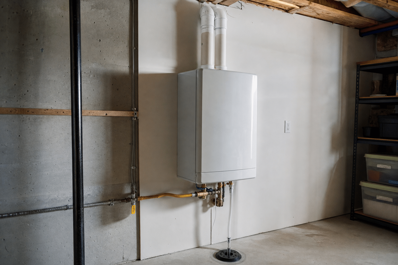 Wall-mounted condensing tankless water heater with dedicated venting