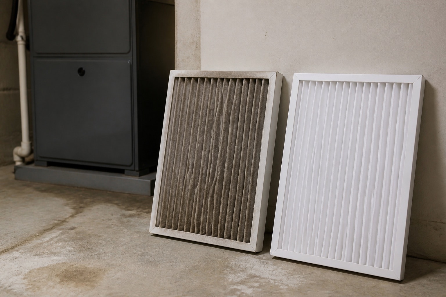 Clean and dusty furnace filters shown side by side