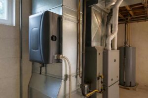 Whole-home humidifier mounted on furnace ductwork with a water supply line in a basement utility room