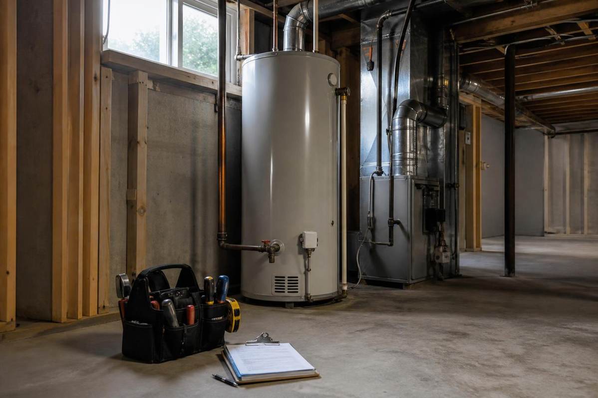 HVAC technician reviewing hot water tank replacement options during an in-home estimate