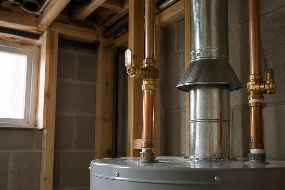 Newly installed residential hot water tank with shut-off valve and venting connections in a home mechanical room
