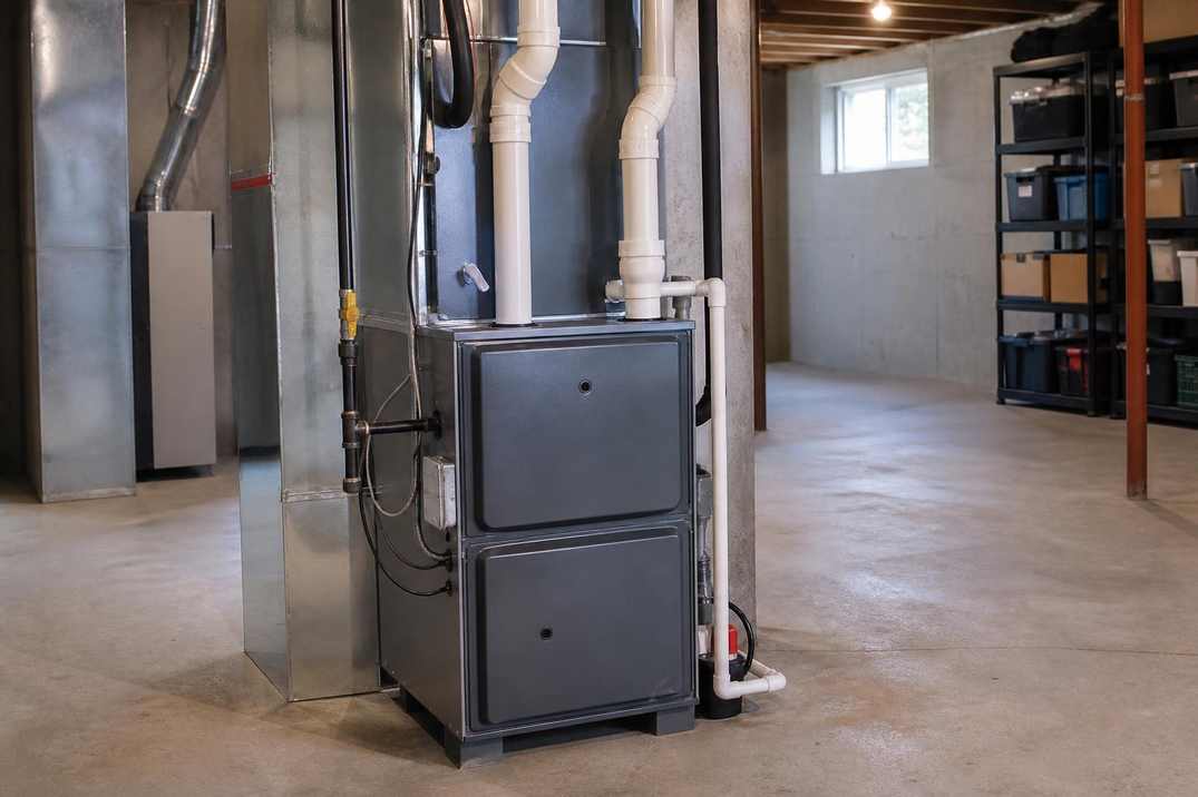 New high-efficiency residential furnace installed in a home mechanical room