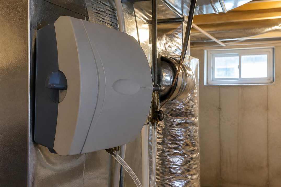 Whole-home humidifier unit installed on ductwork beside a residential furnace