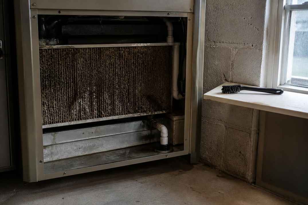 Technician cleaning and inspecting a furnace-mounted humidifier evaporator pad