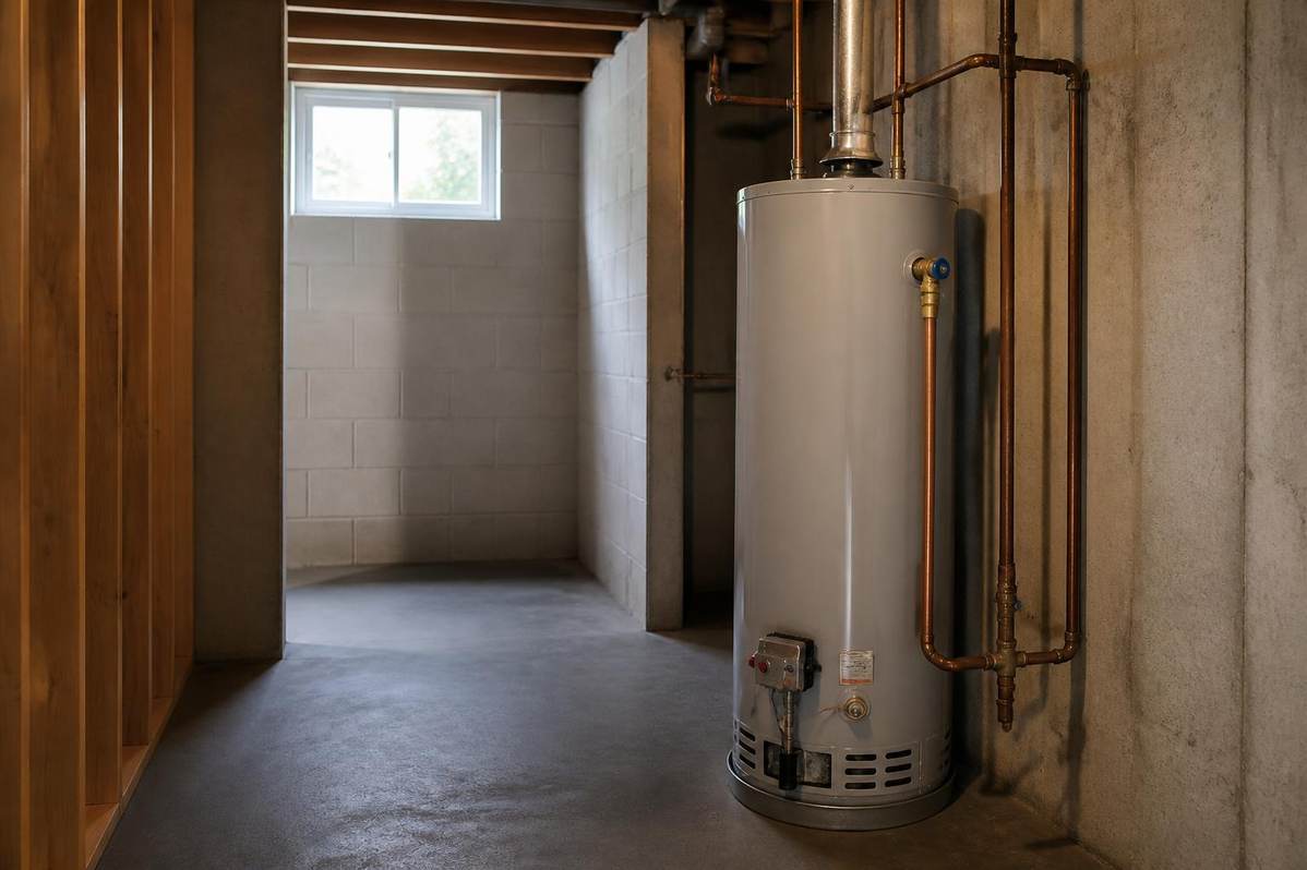 Residential gas storage-tank water heater installed in a clean basement utility room beside copper piping
