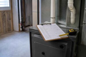 HVAC technician's clipboard with a furnace load-calculation worksheet and a tape measure on a furnace cabinet