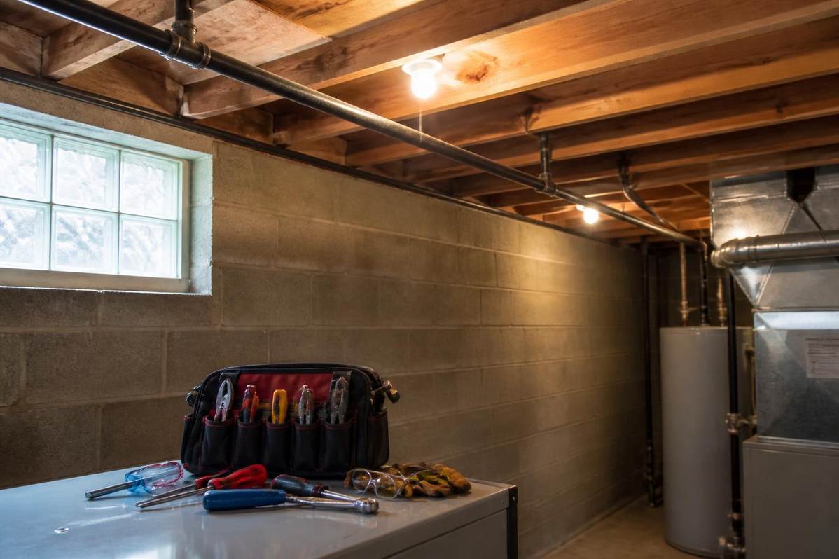 Gas line run along a basement ceiling joist with pipe fittings and a shut-off valve