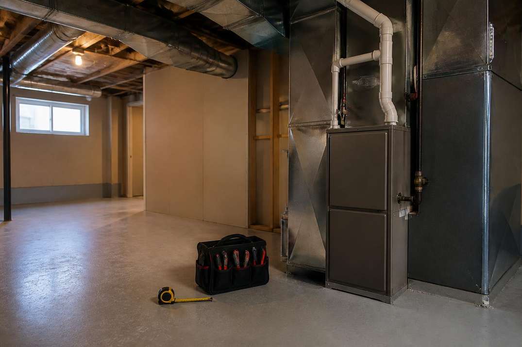 HVAC technician measuring a home's heating requirements during a furnace replacement estimate
