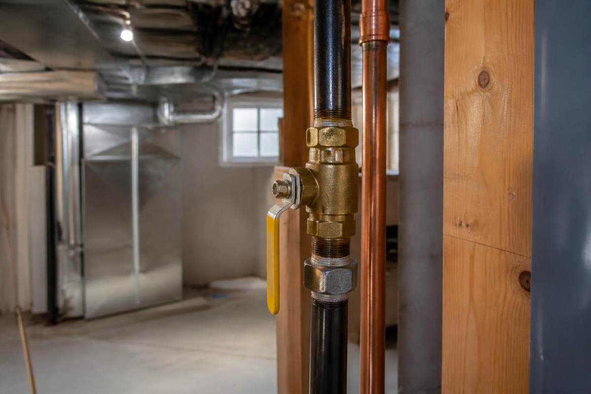 Licensed technician preparing gas pipe fittings for a residential gas line installation