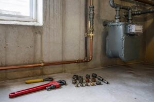Licensed technician's tools and gas pipe fittings laid out near a residential gas meter and gas line run