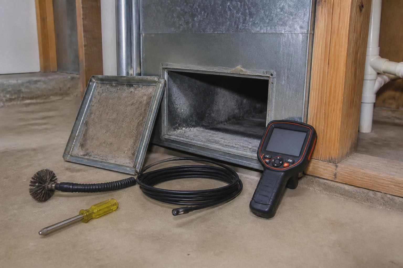 HVAC inspection camera and duct cleaning tools beside an open access panel