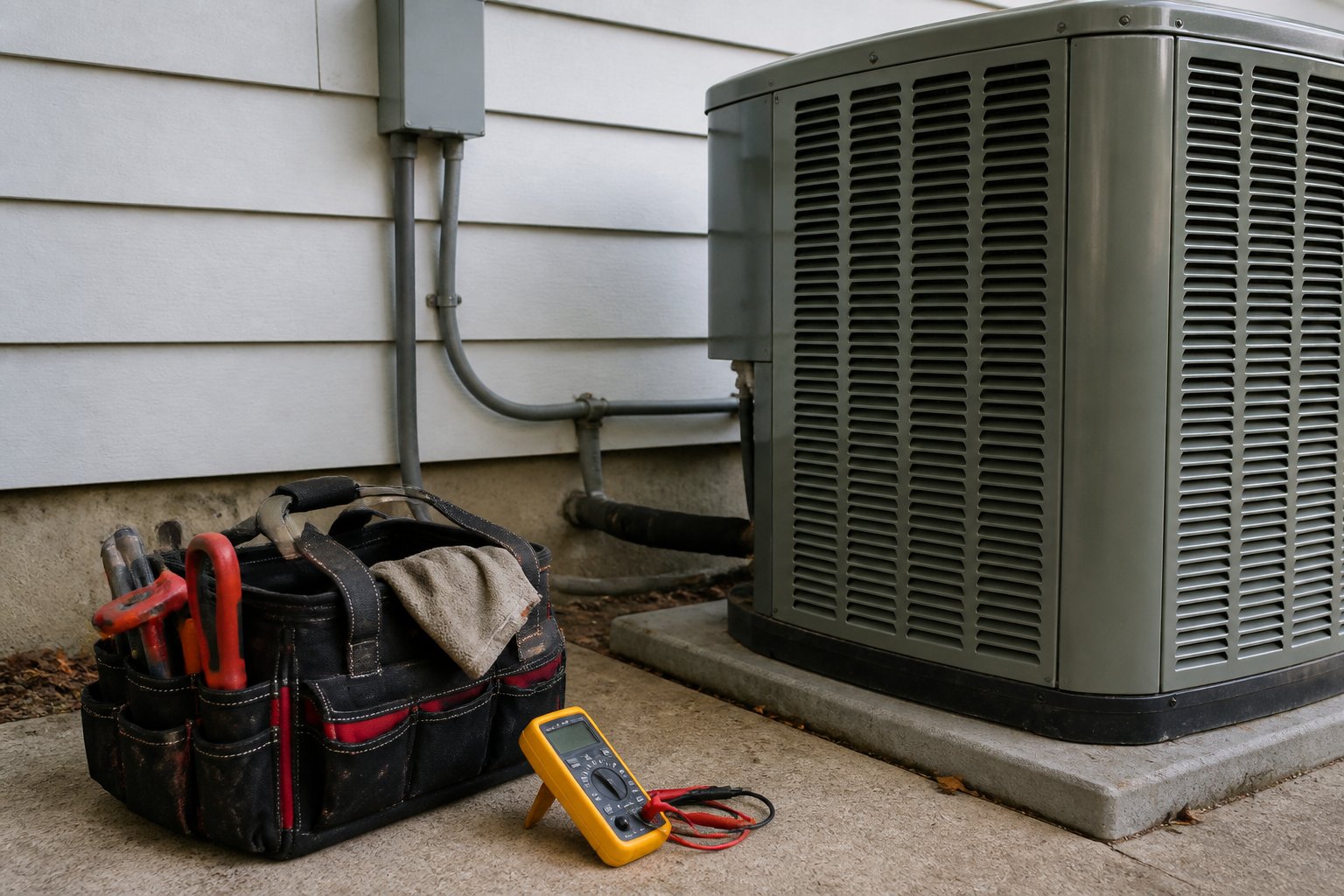 HVAC technician's toolbox and multimeter beside a residential air conditioner condenser