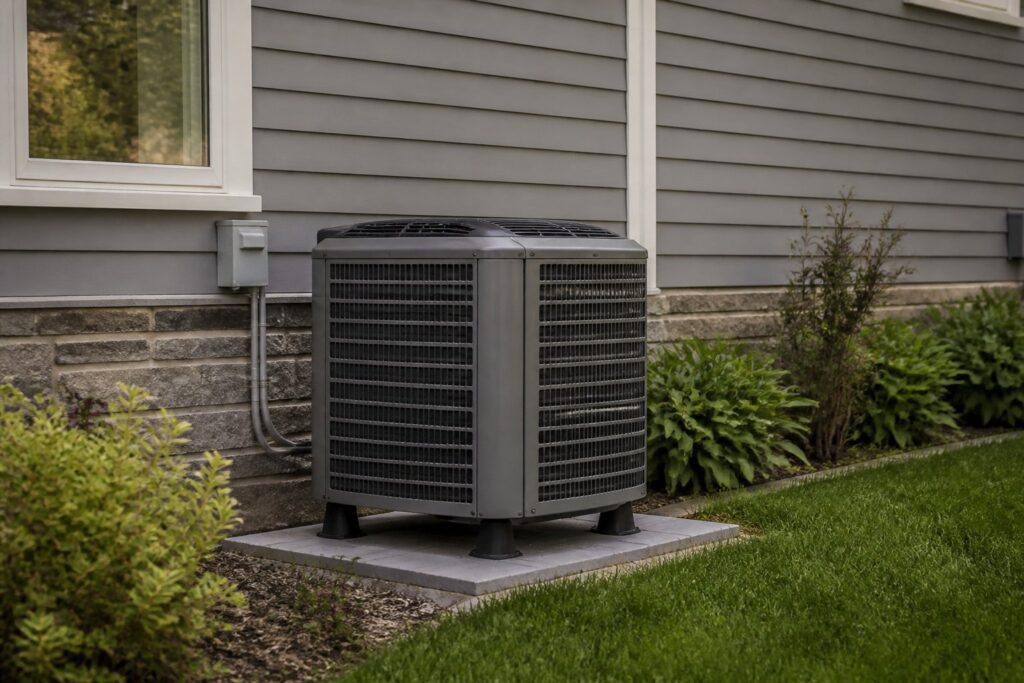 Heat pump outdoor condenser unit installed beside a suburban Ontario home