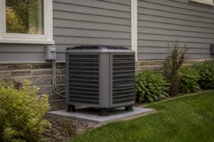 Heat pump outdoor condenser unit installed beside a suburban Ontario home