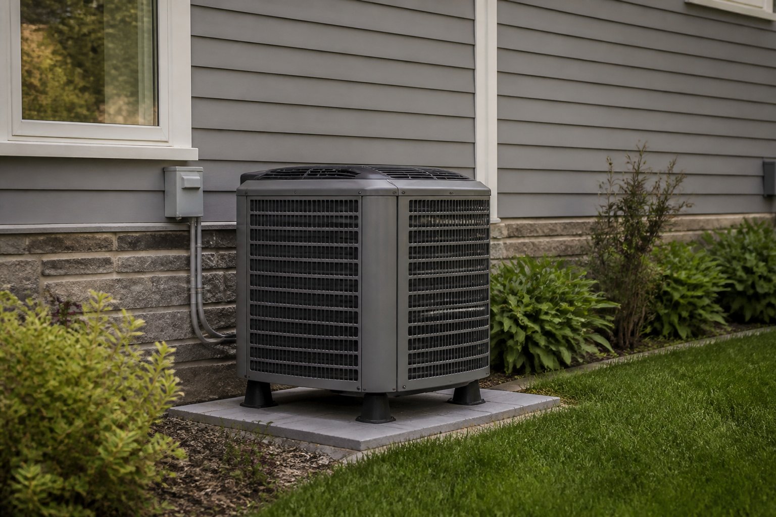 Heat pump outdoor condenser unit installed beside a suburban Ontario home