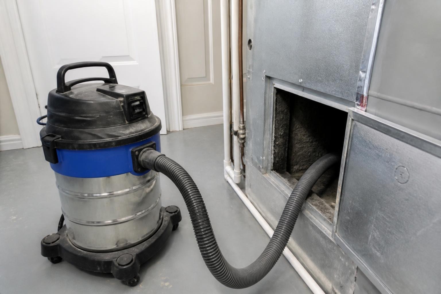 Duct cleaning vacuum hose connected to a residential ductwork access panel