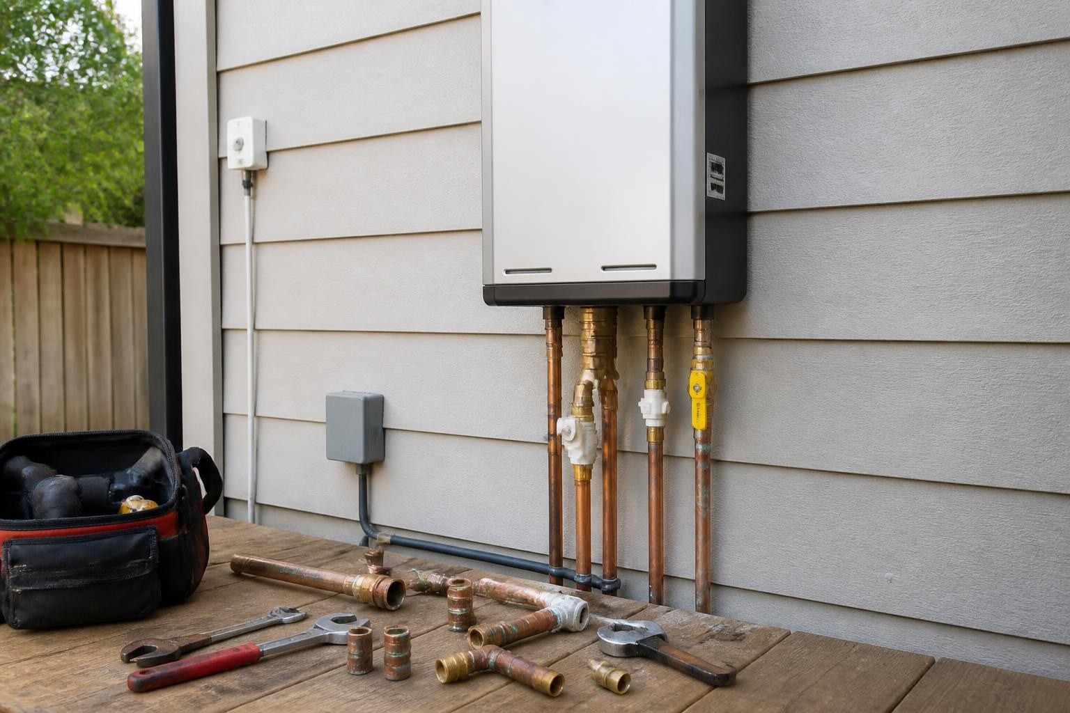 Plumbing tools and pipe fittings beside a wall mounted tankless water heater