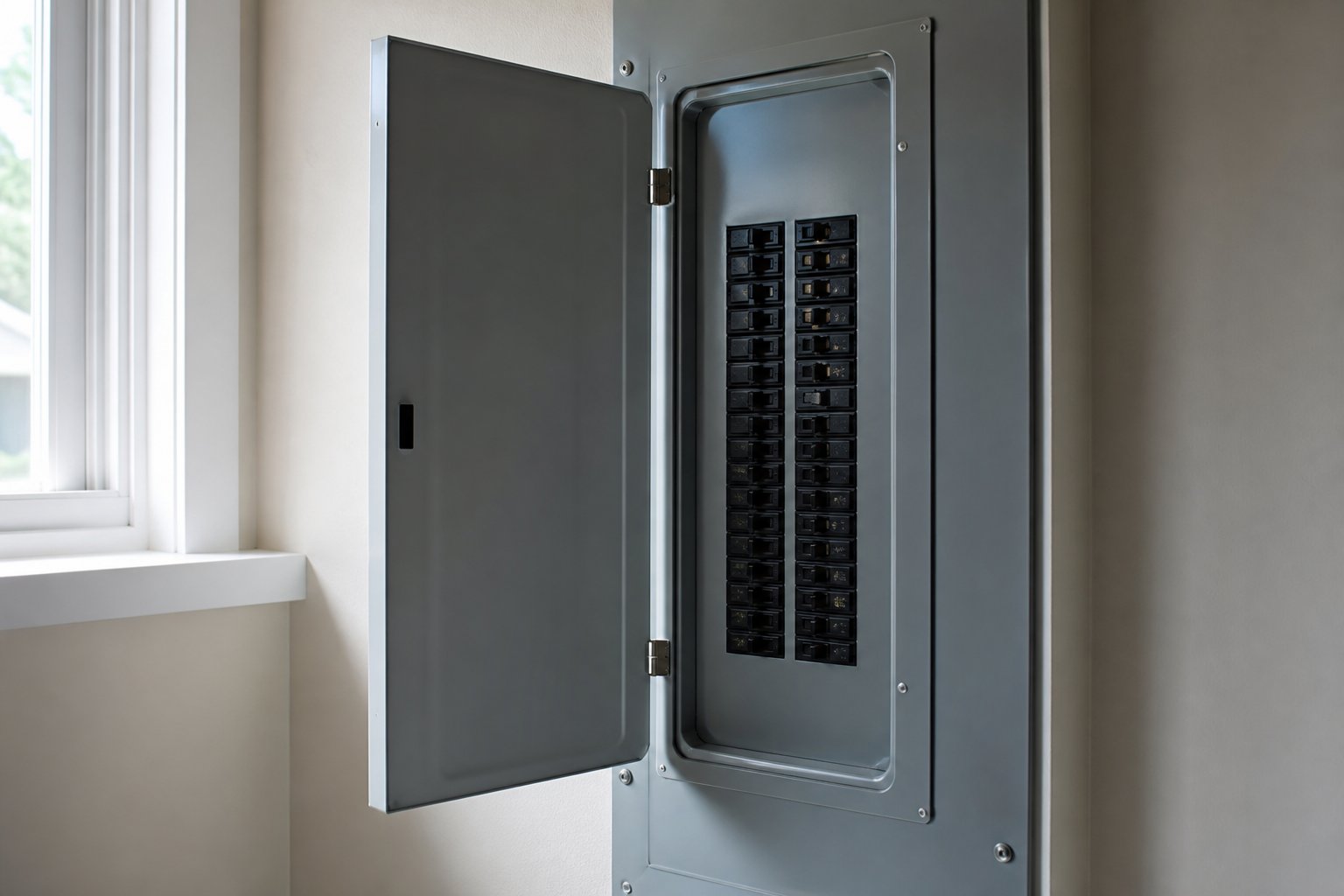 Close-up of a labeled residential electrical panel in a clean utility room