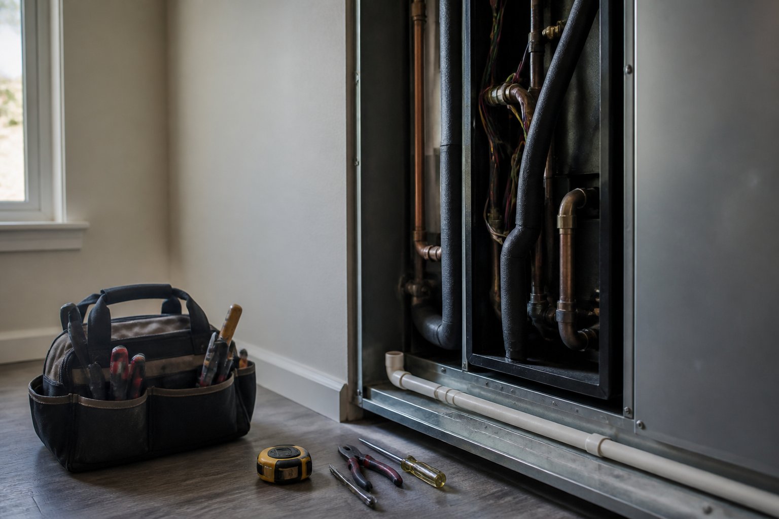 HVAC technician's tools and tape measure beside an indoor air handler during a heat pump installation
