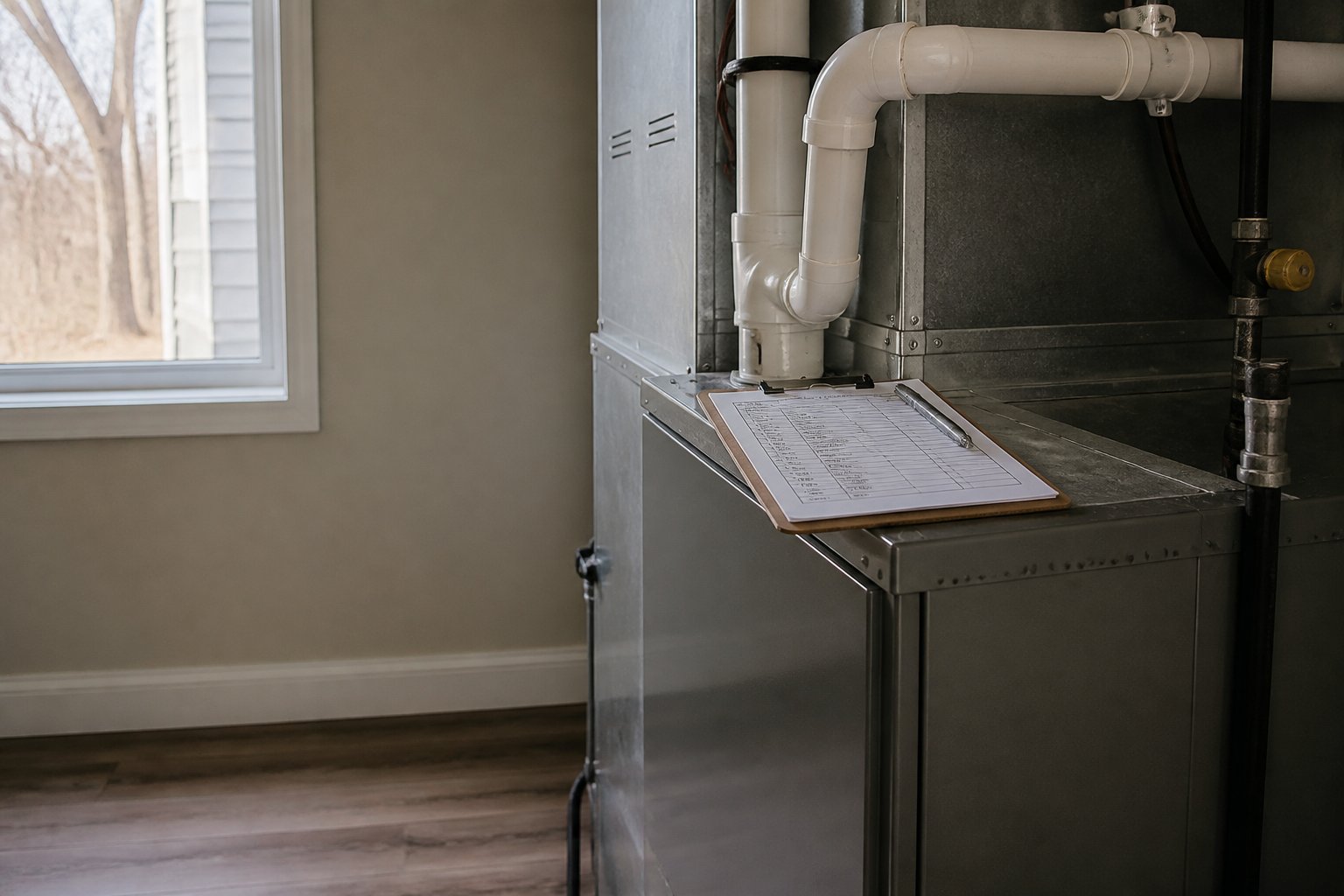 HVAC technician's clipboard with a maintenance checklist resting on a residential furnace