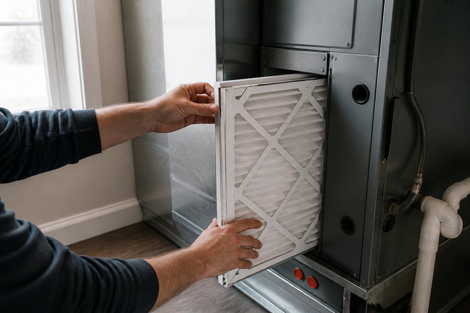 Close-up of HVAC technician's hands adjusting a furnace filter during a maintenance visit