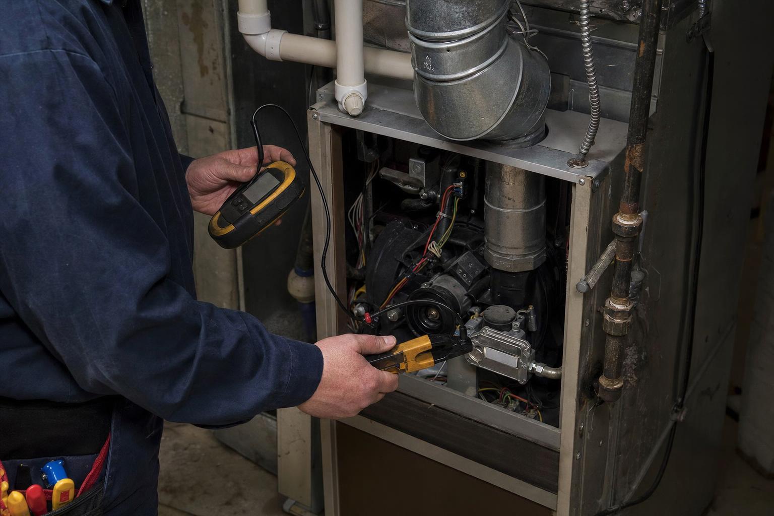 Technician checking furnace airflow and heating operation in Durham Region